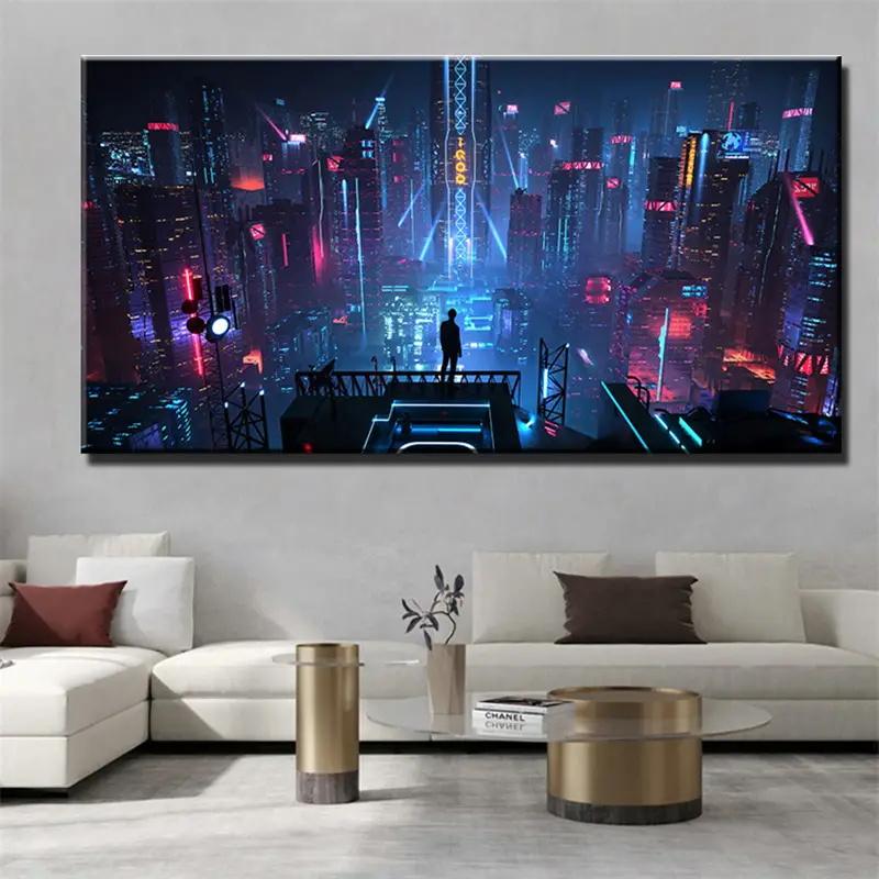 Cyberpunk Stil Poster Sci-Fi Leinwand Kunstdruck Gemälde Neonschilder Nachtstadt Straßenansicht Poster Drucke Raum Schlafzimmer Dekoration