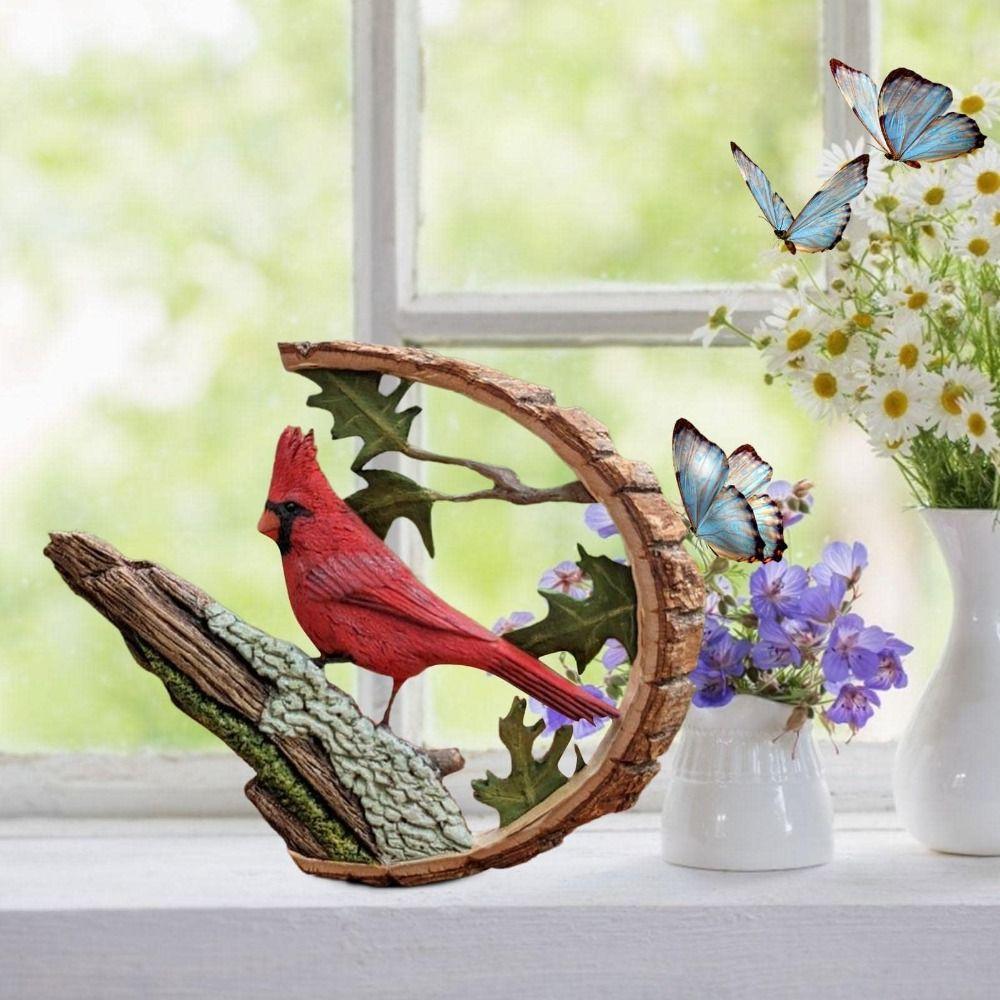 Creative Resin Linnet Figurines Handmade Semicircle Vibrant Red Bird Durable Engraving Red Bird Statue for Home