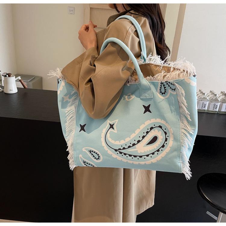 2025 New Bag Fashion Beach Large Capacity Shoulder Bag Handmade Fringed Denim Printed Tote Bag