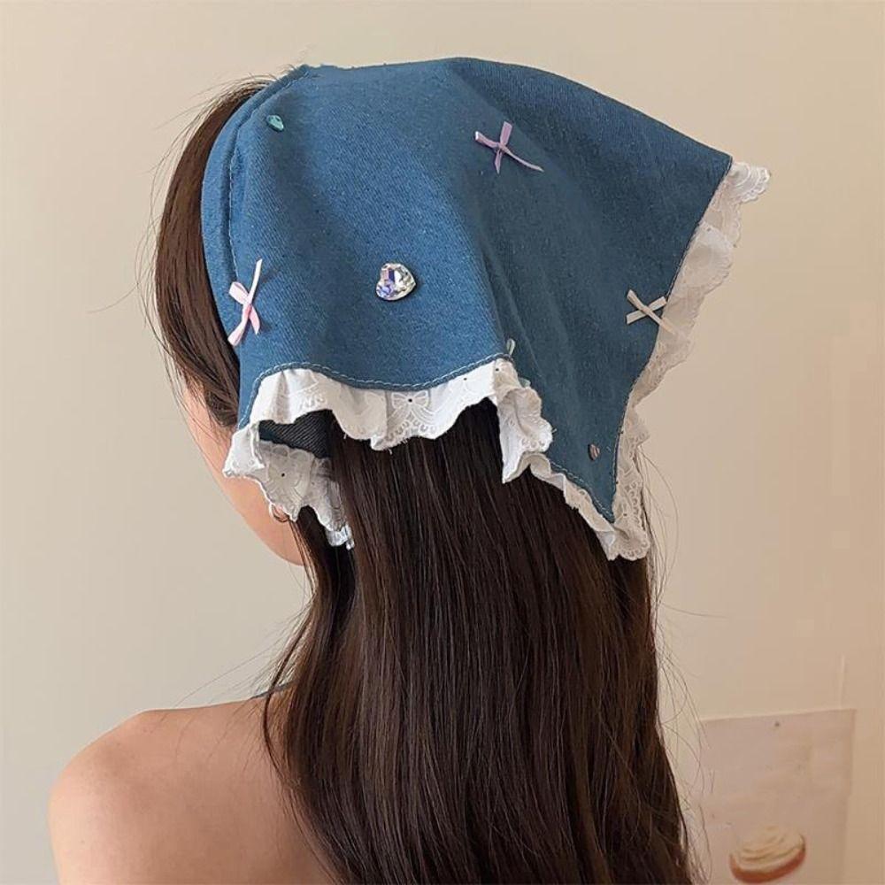 Korean Lace Hair Band Crystal Women Hair Scarf Vintage Denim Triangle Headscarf Children