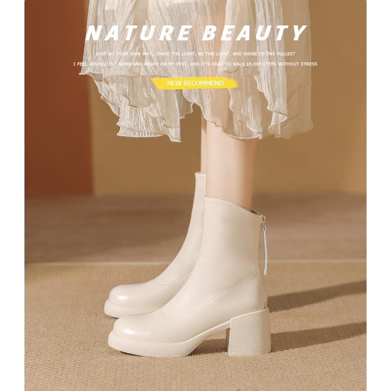 Autumn and winter new small short boots women's thick heel thin boots round head super soft thick sole white short boots tide