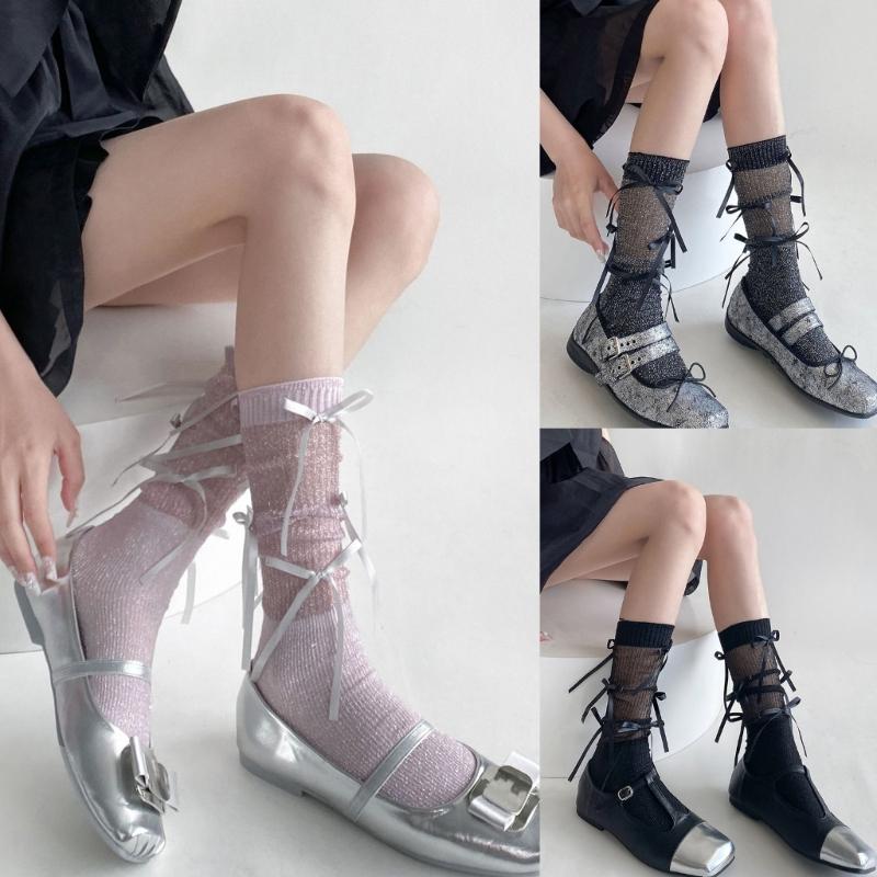 Japanischer Stil Schimmerndes Netz Spleißende Gerippte Über die Wade Socken für Damen Mädchen Niedliche Schleife Schleifenknoten Lange Strümpfe