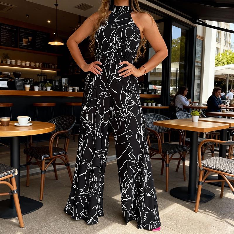 Summer Style Women's Sleeveless Printed Jumpsuit with Tie-Up Wide-Leg Pants