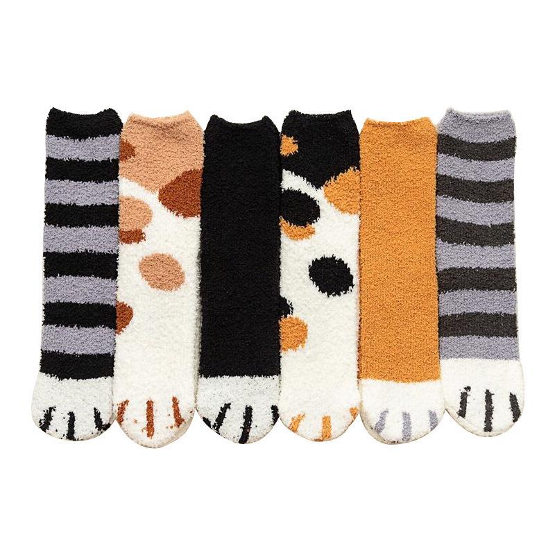 Non-Slip Coral Fleece Cat Paw Mid-Calf Sleep Socks - Women's Warm Cartoon Maternity Socks for Autumn & Winter