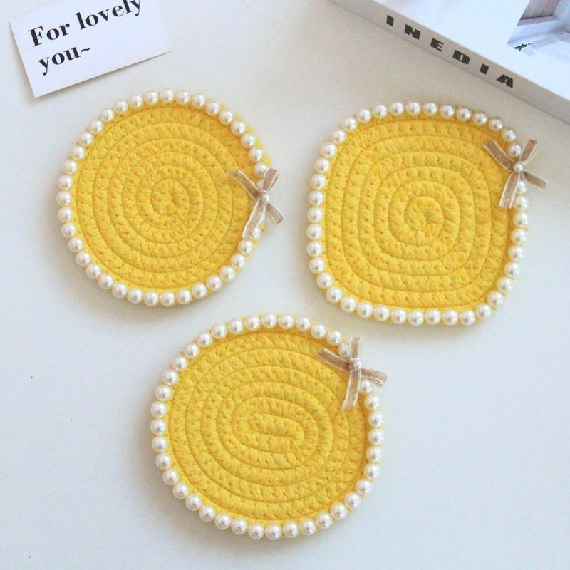 Pearl Ins Wind Cup Mat Handmade Woven Meal Mat Round Cup Mat Absorbent and Insulated Cup Mat