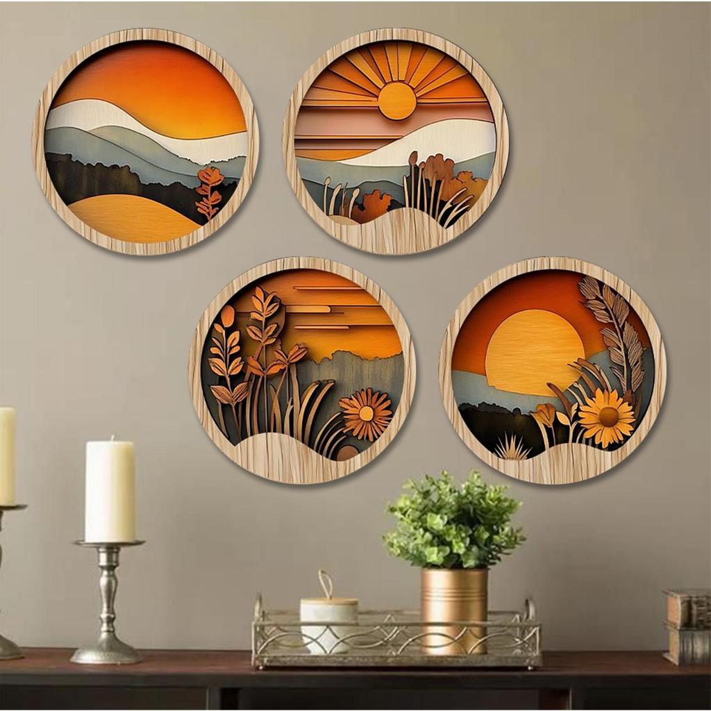 4pcs/set Bohemian Wooden Wall Decoration 7.87Inch Round Wooden Geometric Frames Aesthetic Ornament For Porch Fireplace Balcony