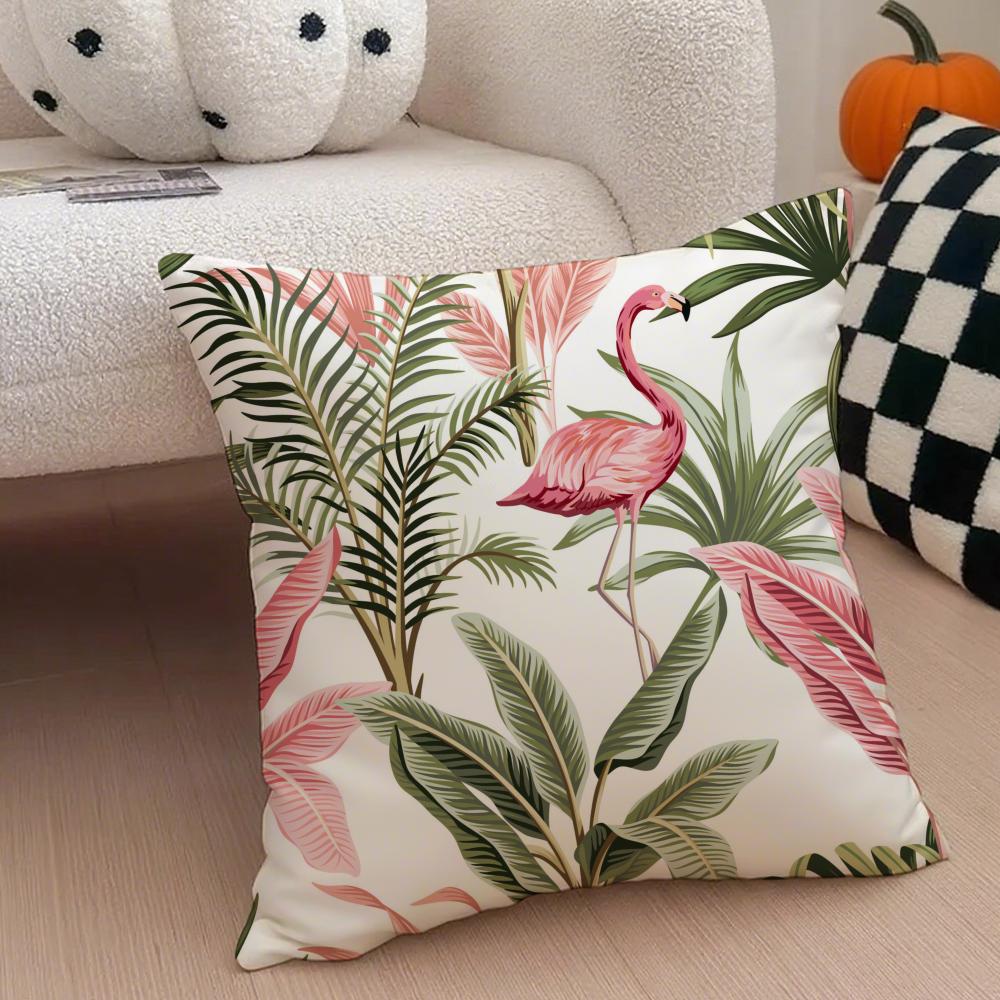 Forest Flamingo Palm Leaves Plant Pattern Art Cushion Cover Throw Pillow Cover Hidden Button Durable Polyester Chair Cushion