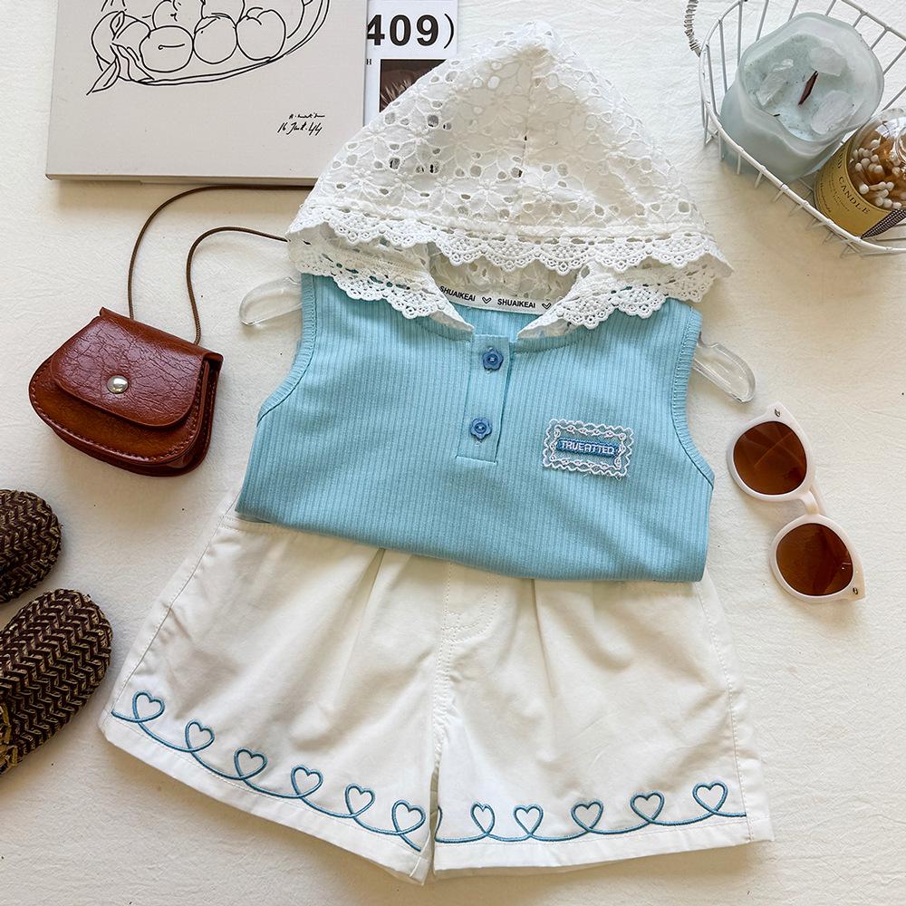 Girls Ribbed Hooded Vest & Heart Embroidered Shorts - Summer 2026 Two-Piece Set 100cm