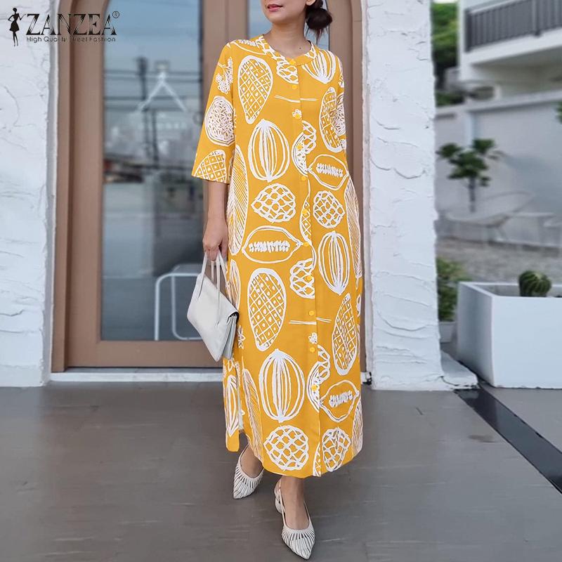 ZANZEA Women Casual Round Neck Loose 3/4 Sleeve Print Dress