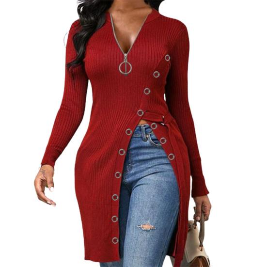 Women's Solid Color Long Sleeve Zip V Neck High Slit Long Ribbed Shirt