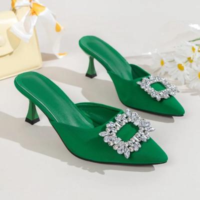 Summer New Women Slippers Sexy Pointed Toe Rhinestone High Heels Woman Slip On Heeled Mules Fashion Banquet Women Wedding Pumps