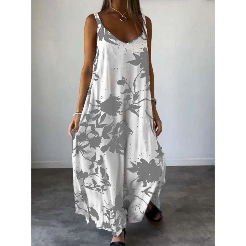 

2025 Summer European and American Women clothes New Vacation Long dress Print Sling Backless V-neck Dress Gray M