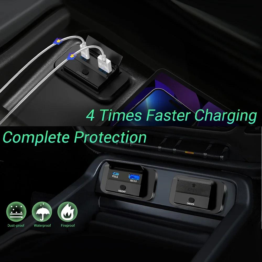 12V-24V Zásuvka nabíječky do auta PD 30W a QC 3.0 18W USB C Duální porty Rychlonabíjecí zásuvka Panel s tlačítkovým spínačem pro RV Loď Auto