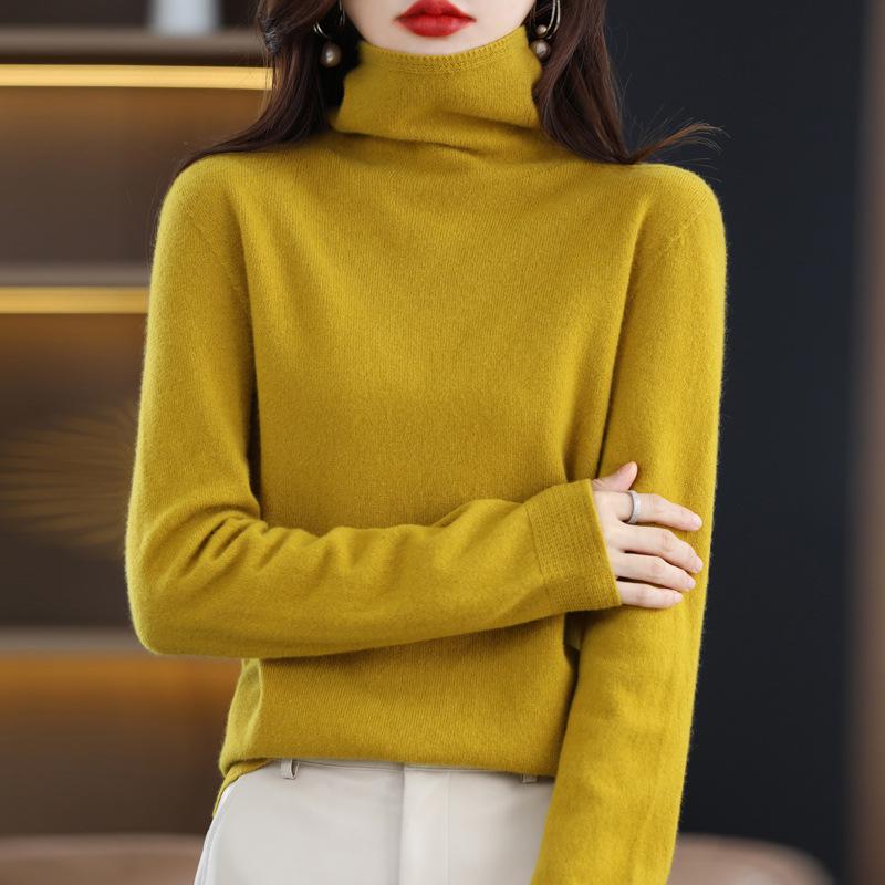 Women's Pure Wool High Neck Knitted Sweater - Solid Color, Autumn/Winter Temperament Top