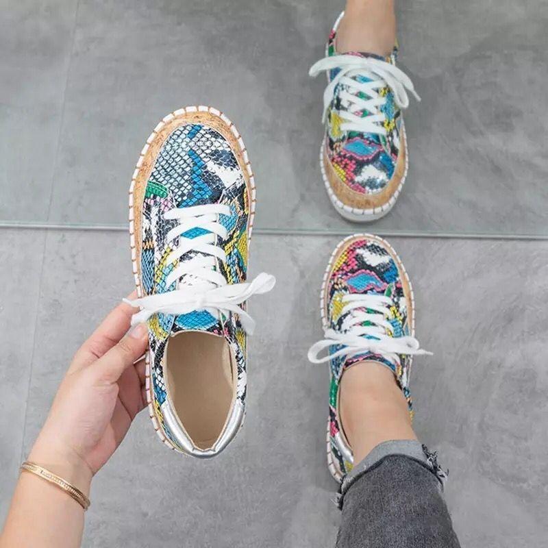 Large Size Lace-up Flat-soled Single Shoes Women's Spring and Summer New Large Size Snake Pattern Platform Casual Shoes