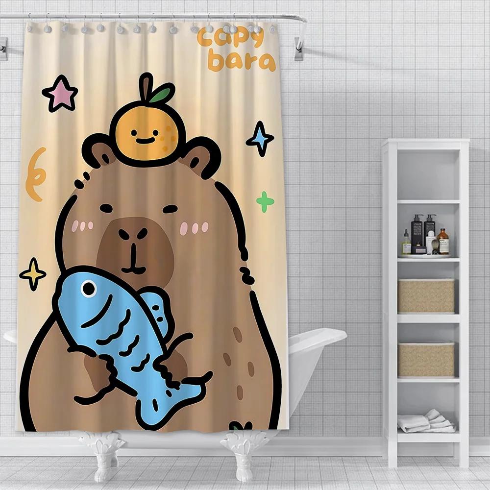 Sprchový závěs Vodotěsná polyesterová tkanina Malba Barevné koupelnové závěsy Kawaii Kapybary Domácí koupelnová dekorace S háčkem