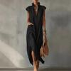 Women Stand Collar Sleeveless Dress Deep V Neck Side Slit Tunic Dress Casual Vacation Long Dress with Pockets
