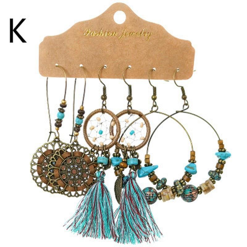 Vintage Big Round Multicolor Beaded Earrings Set for Women Ethnic Boho Tassel Feather Long Dreamcatcher Drop Earrings Jewelry