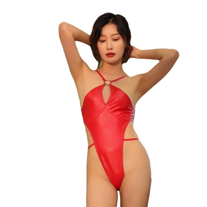 Sexy underwear, sexy backless neck-hanging one-piece leather jacket, open crotch patent leather tight swimsuit, temptation nightclub performance
