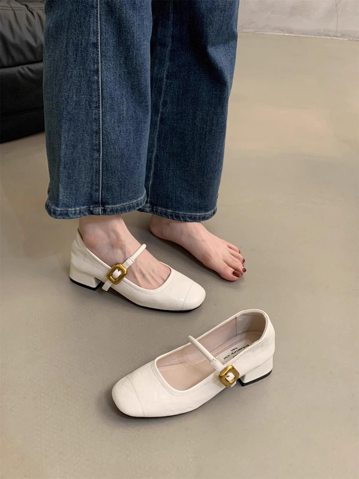 

French spring Mary Jane shoes Korean version shallow mouth single shoes women s evening wind 2025 small leather shoes medium thick heel new retro 35 бежевый
