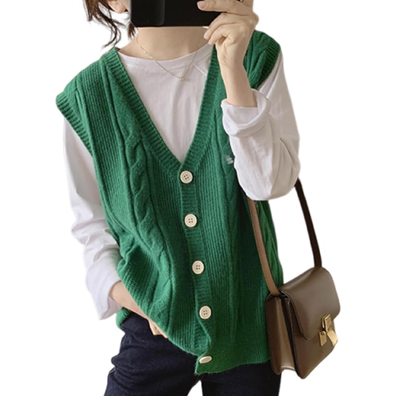 

[J.STORE] cable knitting knit vest casual Relaxing Beautiful spring autumn Commuting to school loose knit work V-neck ladies green 5S-J03-GRL