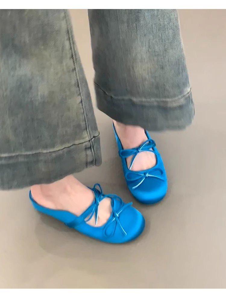 

Half Slippers Women S Bow Inner Height Increase Bag Head Sandals Flat Bottom Summer Round Head With Blue 35 синий