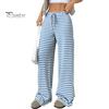 Comfortable Pants Women Casual Wide Leg Trousers Elastic Waist Adjustable Striped Drawstring Design Loose Fit Daily Wear