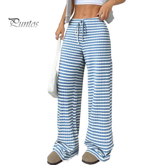 Comfortable Pants Women Casual Wide Leg Trousers Elastic Waist Adjustable Striped Drawstring Design Loose Fit Daily Wear