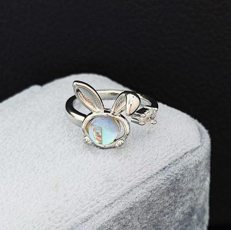 Moonstone Cute Rabbit Open Ring Planet Niche Design High-End Temperament Stacking Wearing Personalized Sweet Ring