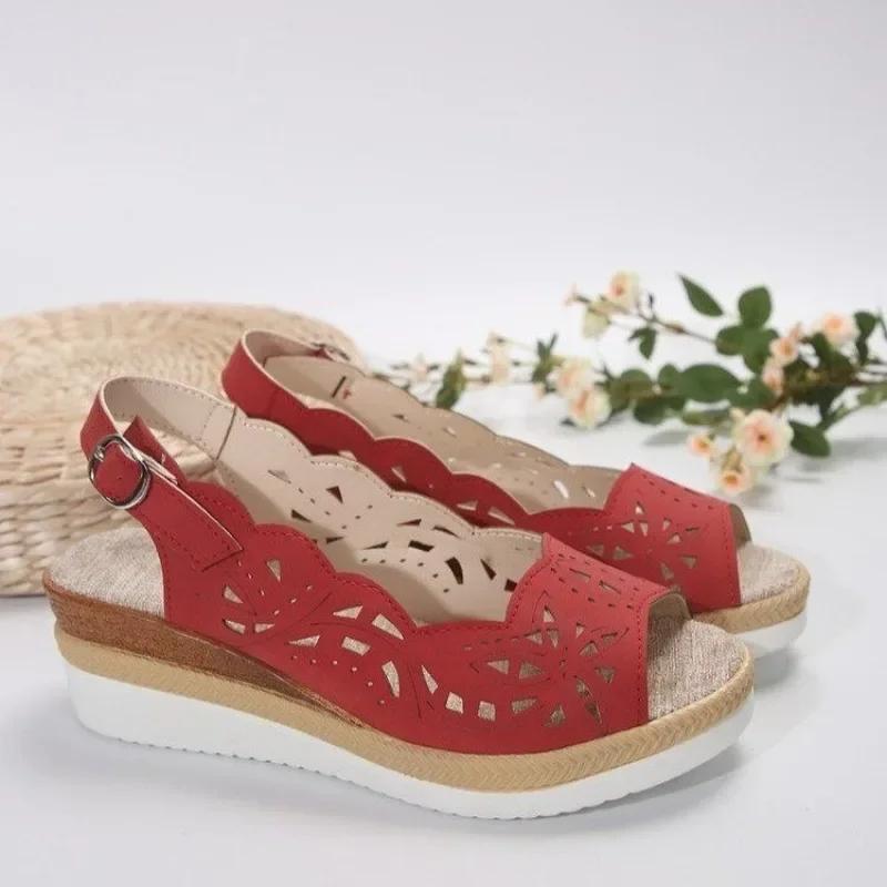 Women's Shoes 2024 High Quality Peep Toe Women's Sandals Summer Casual Sandals Women Fashion Buckle Strap Hollow Wedge Sandals