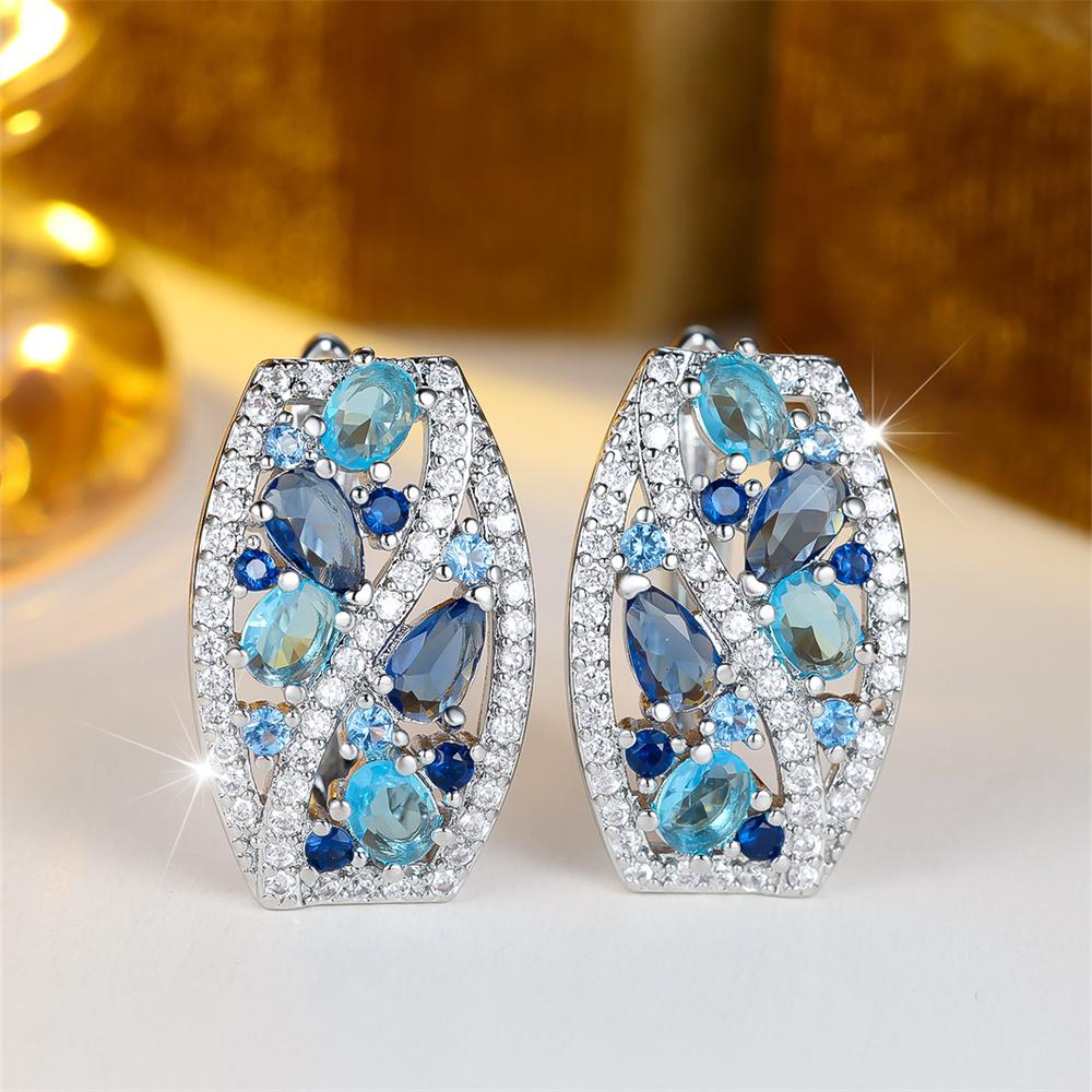 Křišťálové náušnice kroužky s kamenem barvy Aqua Blue ve tvaru kapky vody pro ženy Vintage stříbrná barva Geometrické zapínání na ucho Svatba Šperky Svatební dar