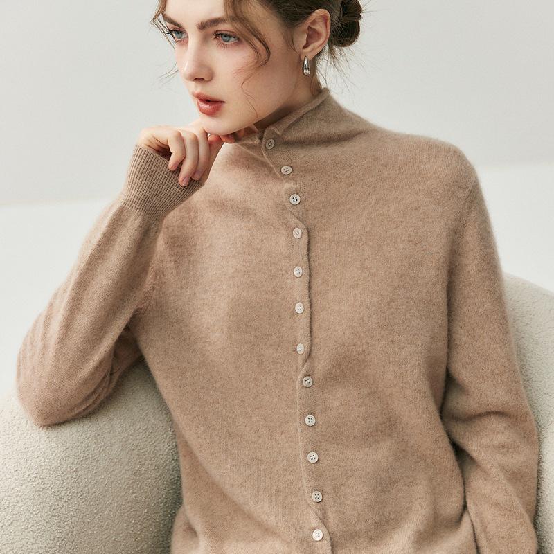 Women's Minimalist Rolled-Edge Cashmere Sweater - Semi-High Neck, Loose Fit, Slimming, Long Sleeve Knitted Base Layer