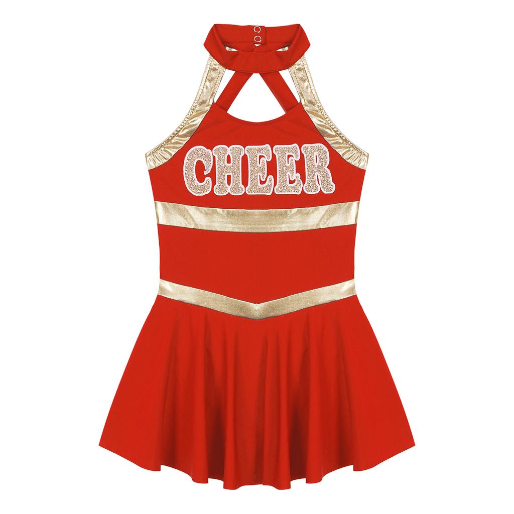 Girls Carnival Party Halloween Cosplay Cheerleading Uniform Outfit Sleeveless Crisscross Back Dress