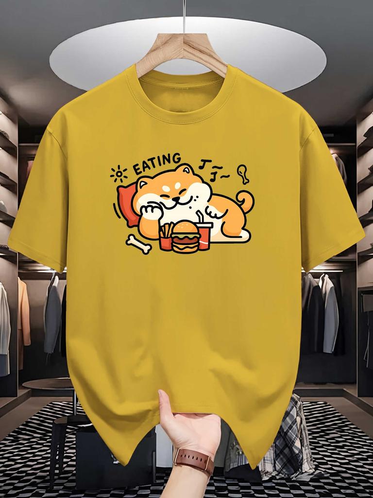 Unisex Crew Neck Tee Cute Shiba Inu Cartoon Food Graphic Print Soft Cotton Loose Breathable Short Sleeve Summer Casual Street Tops