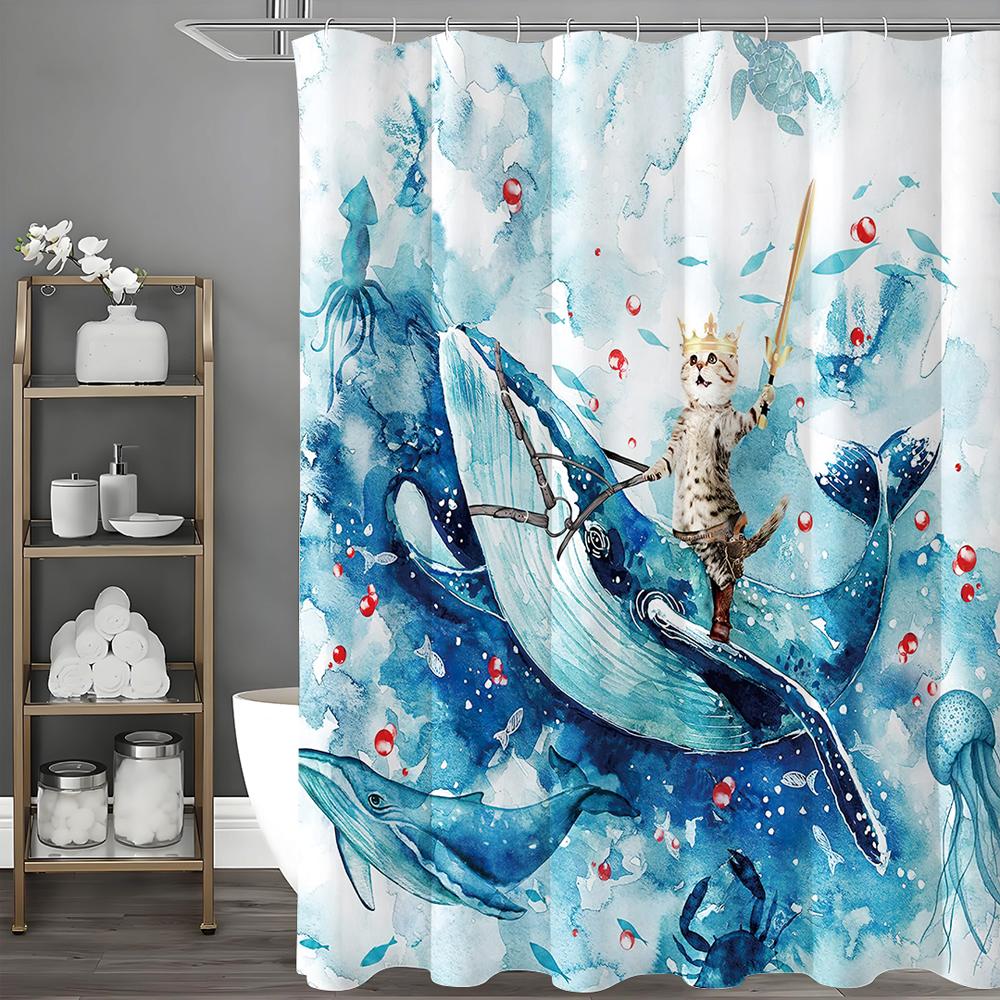 

Акварельный кот, катающийся на ките, занавеска для душа, декоративная занавеска для душа для ванной комнаты, водонепроницаемая занавеска для душа с крючками 90*180cm