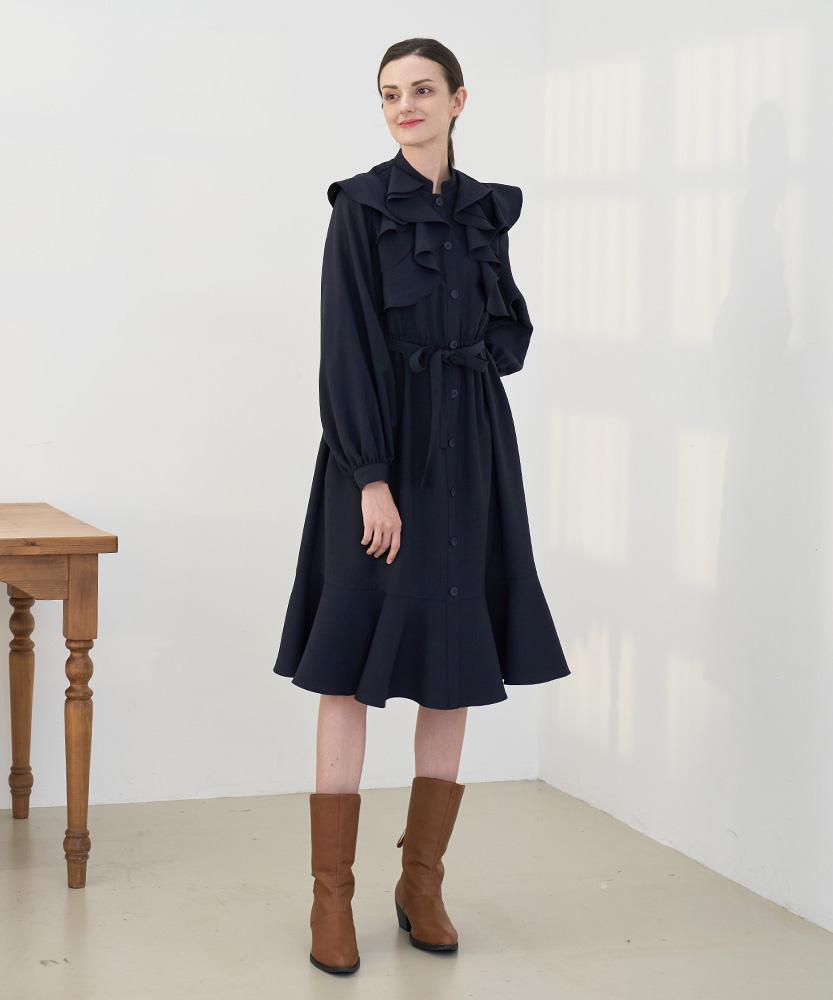 L By L Navy Frill Puff Sleeve Dress
