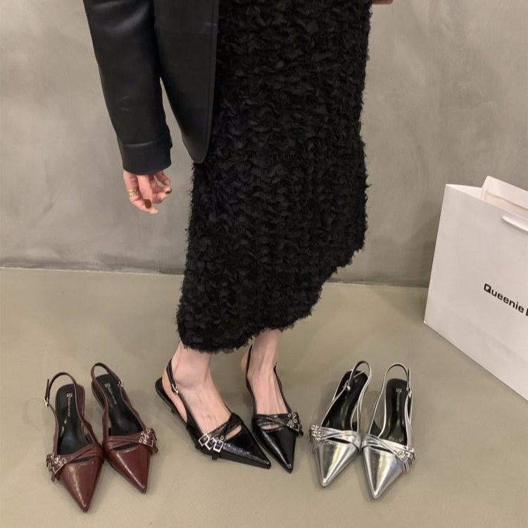 Spring and autumn 2024 new belt buckle pointed stiletto sandals empty single shoes Korean version of versatile high heels