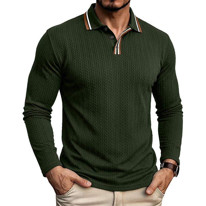 Men S Long Sleeve Polo Shirt Vintage Jacquard Solid Color Casual Top