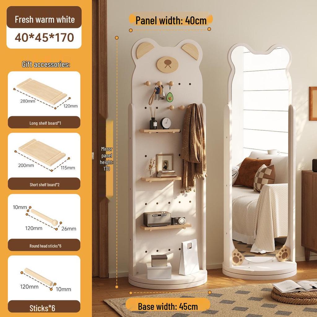 Rotating Pegboard Full-Length Mirror and Clothes Rack - Movable, Retro Floor Standing Dressing Room Mirror