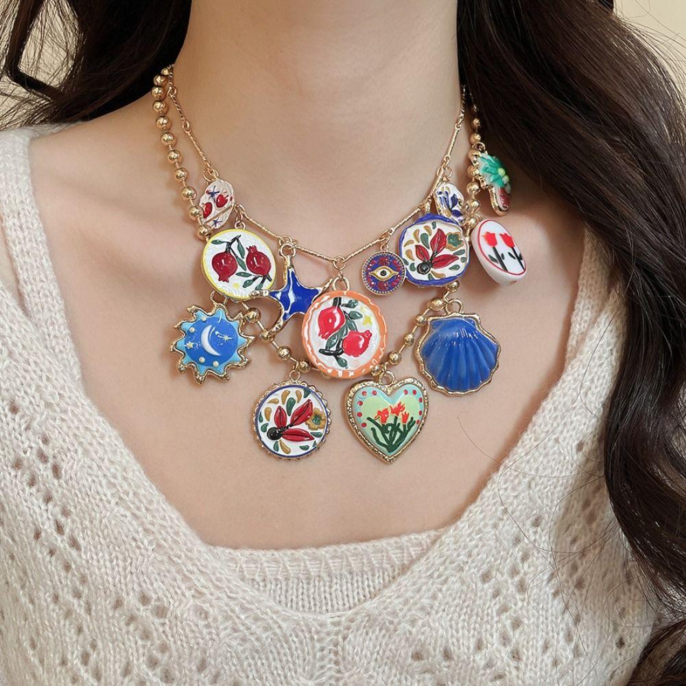 Metal Chain Enamel Floral Necklace Layered Bohemian Collarbone Chain Flower Pendant Necklace Gift
