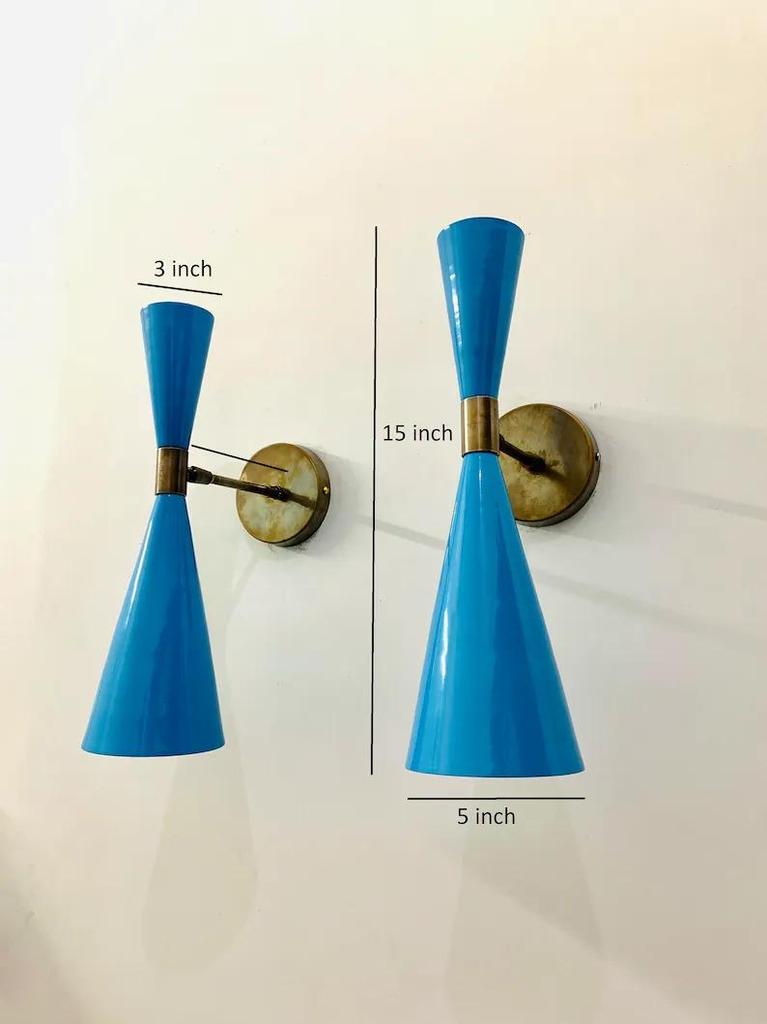 Mid Century Italian Brass Wall Lamp: Blue Sconce Lighting (Set of Two)