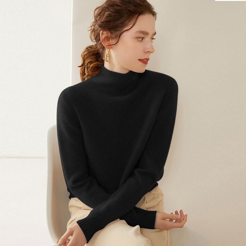 Women's Cloud-Like Cashmere Pullover Sweater - Rolled Hem, Thick, Double-Strand Knit, Half-High Neck