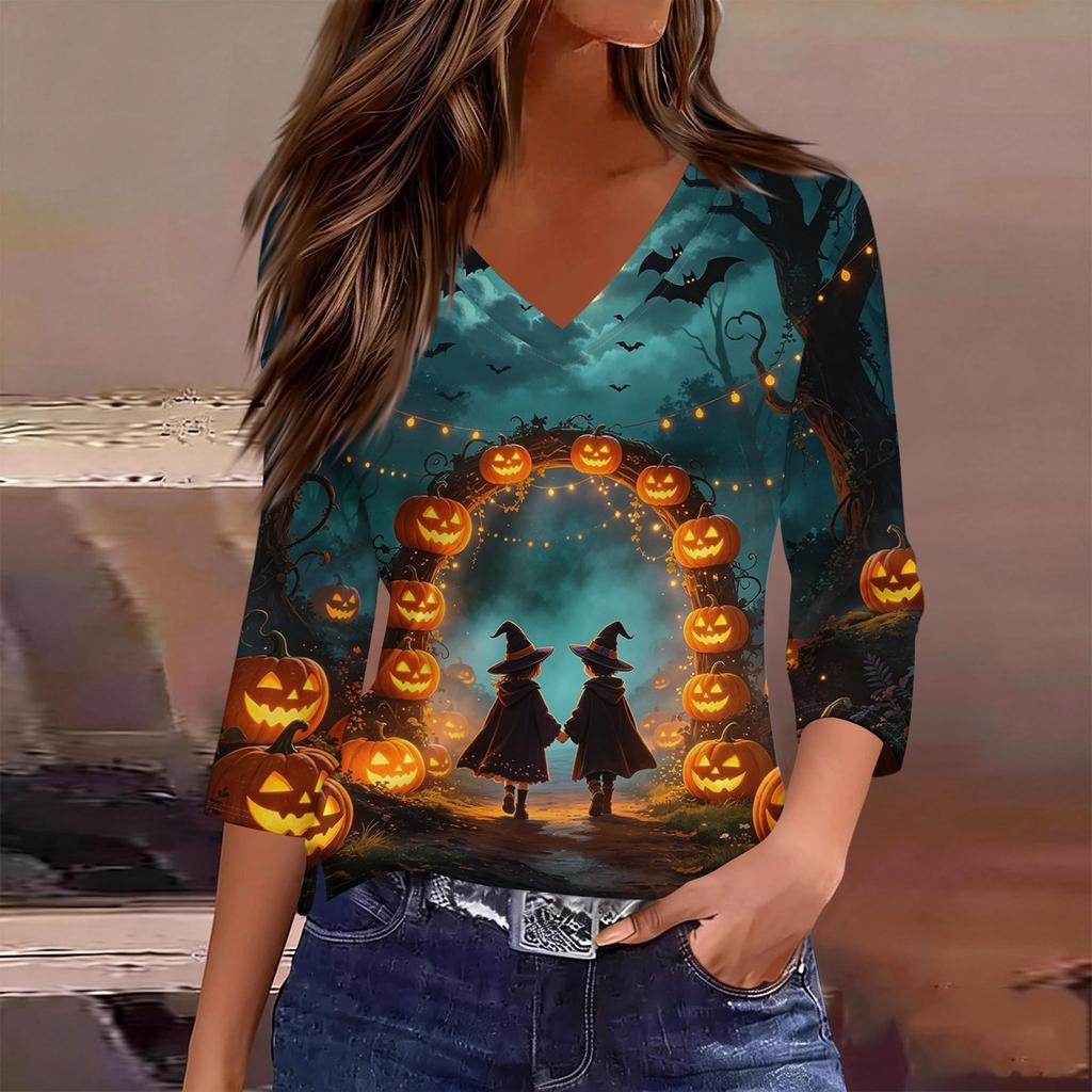 Women's Casual Halloween Printed V Neck Three Quarter Sleeve Top Tie Dye Pumpkin Bat Pattern Lightweight Blouse for Fall