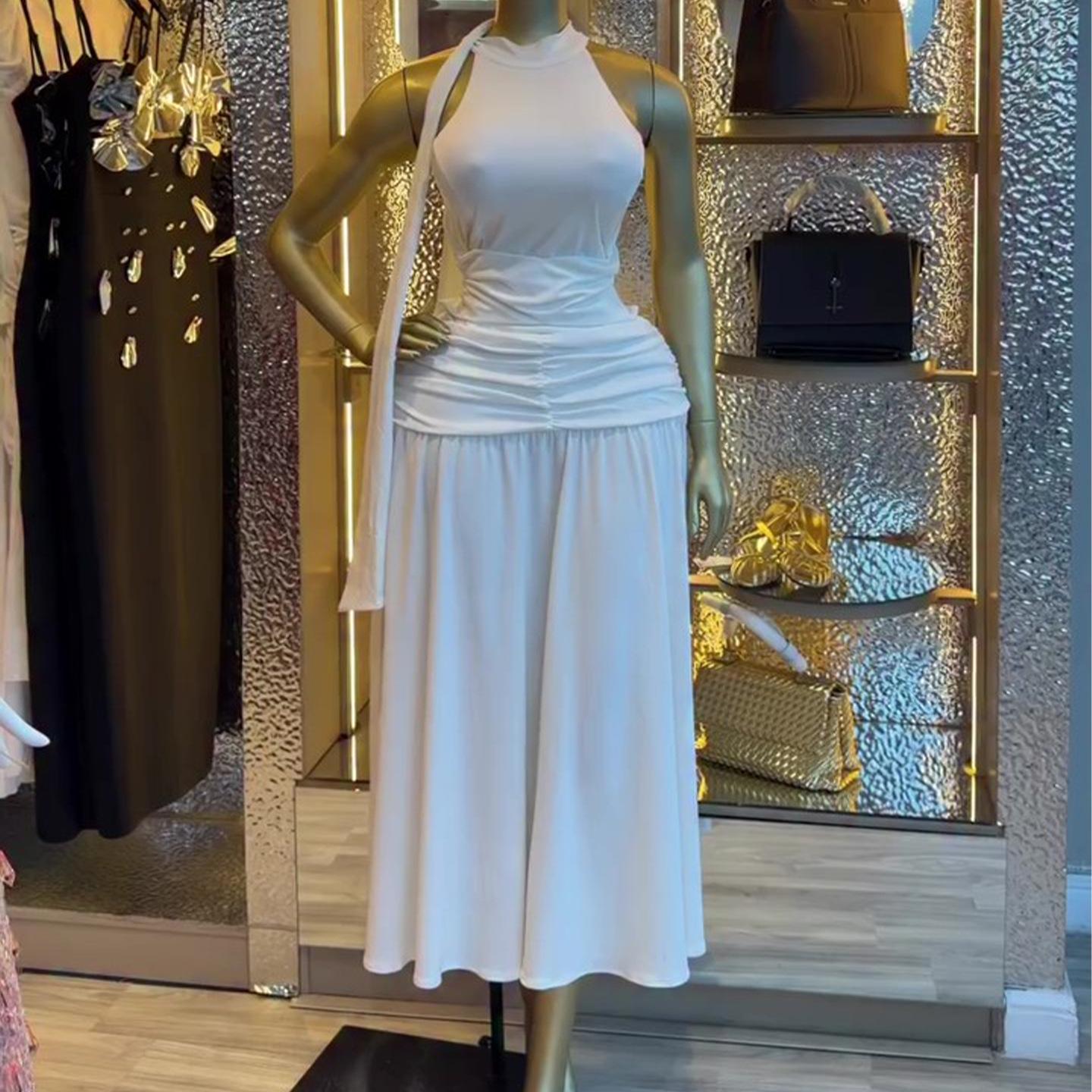 Europe, America 2026 summer new elegant wind sleeveless off-the-shoulder streamer pleated dress women S