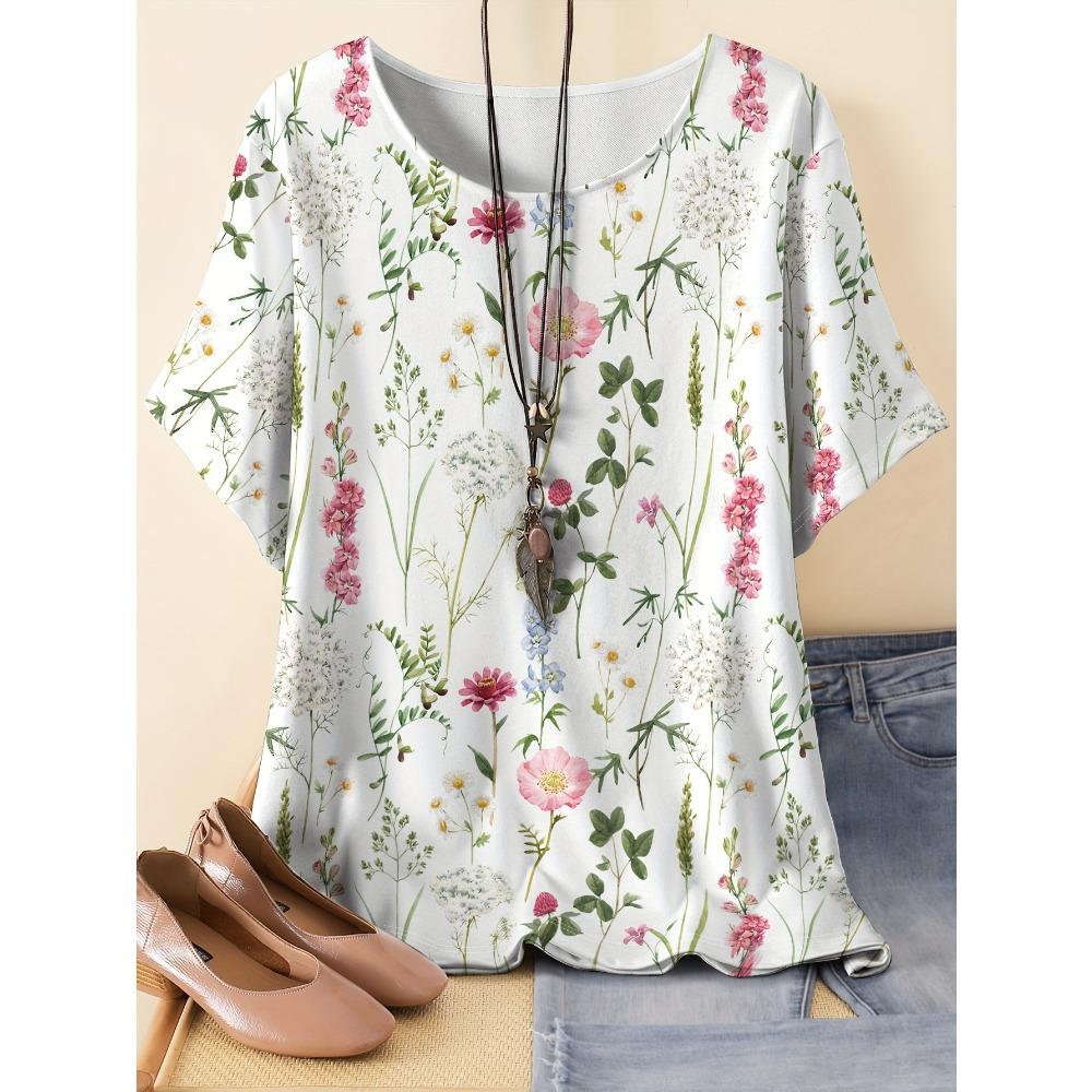 Summer Womens Retro Pattern 3D Printed Color Flowers T-shirt Loose Comfortable Soft Breathable Large Size Fashion O-neck T-shirt