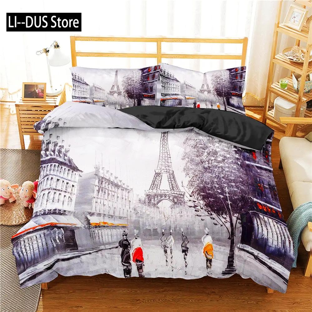 Comforter Eiffel Tower King Size Paris Tower Bedding Set Microfiber French Style Home Decor Grey Cityscape