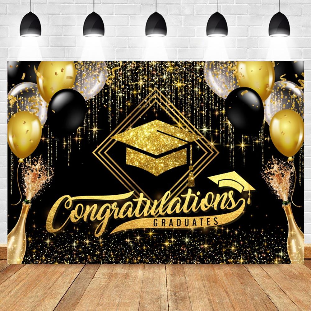 Golden Flash Black Balloon Banner Photography Background Cloth, Congratulations Graduation Ceremony Evening Photography Backdrop