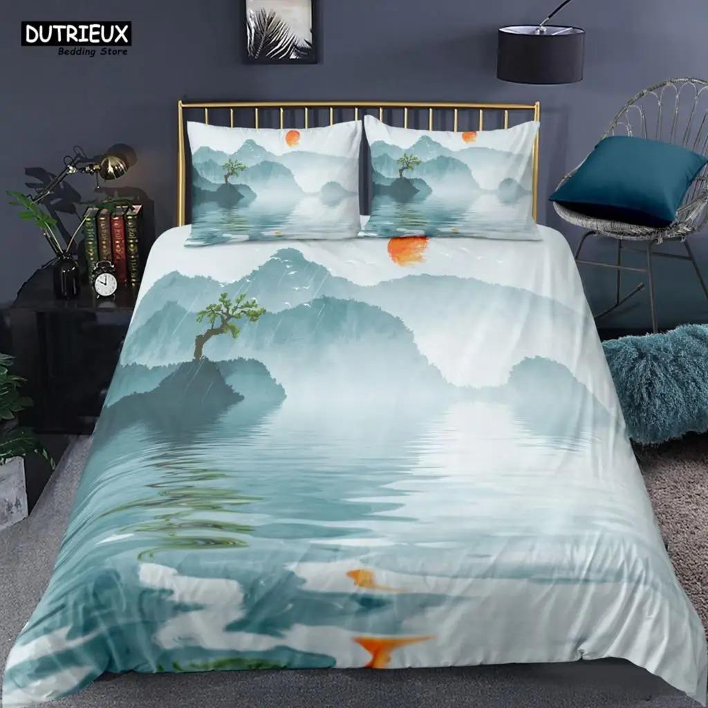 Chinese Style Landscape Bedding Set Plum Blossom Duvet Cover Sets With Pillowcase Duvet Cover Comforter Sets