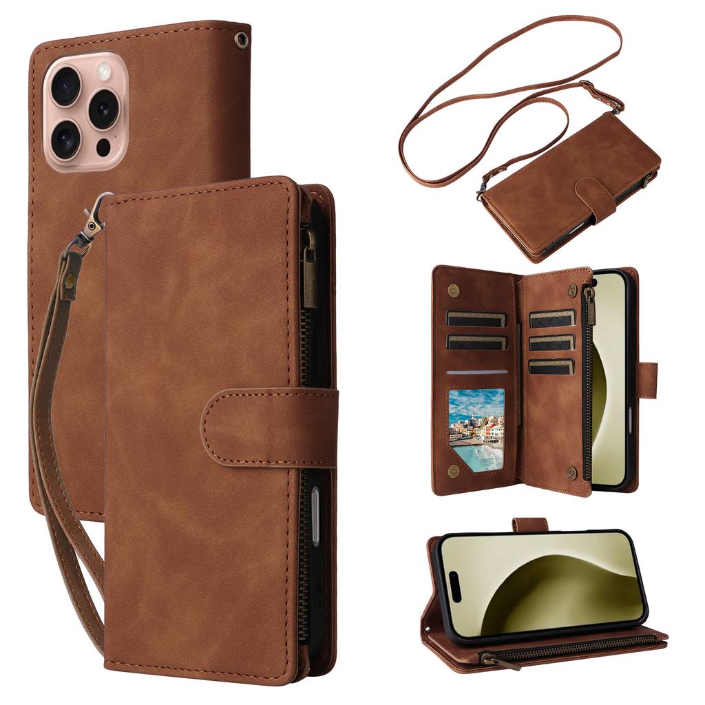 For iPhone 16 Pro Case Zipper Multi-Pocket Wallet Leather Phone Cover with Shoulder and Wrist Straps