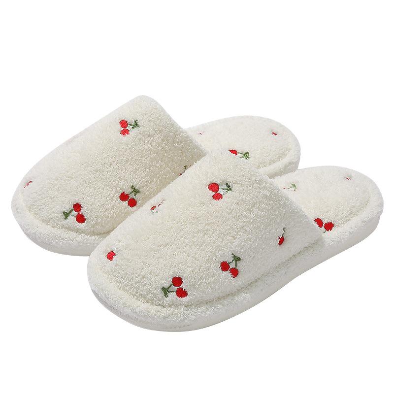 Baumwollhausschuhe für Zuhause Winter niedlich bestickte Kirsche Indoor Haushalt Plüsch warm Schlafzimmer flauschige Hausschuhe